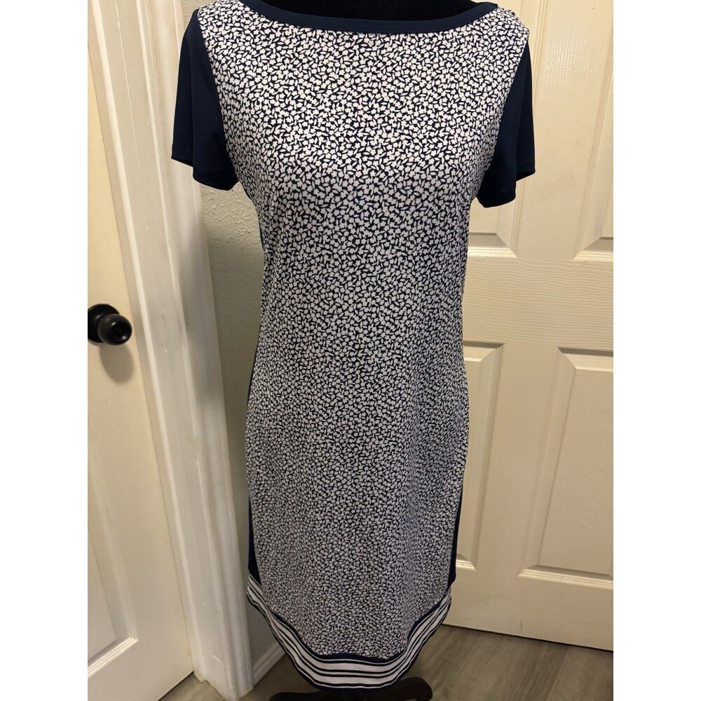 MICHAEL Michael Kors Blue/White Floral Sheath Dress Boat Neck Short Sleeve XS